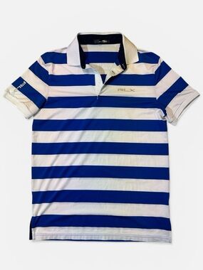 RLX Ralph Lauren mens M Medium blue white stripe performance golf polo shirt
